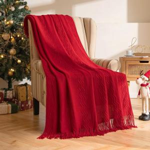 MIULEE Moss Green Knitted Throw Blanket for Couch Textured Knit Blanket with Tassels Cozy Woven Bed Blanket for Sofa Bed Chair Wave Pattern Spring Home Decor for All Seasons 50″x60″(Christmas Red)