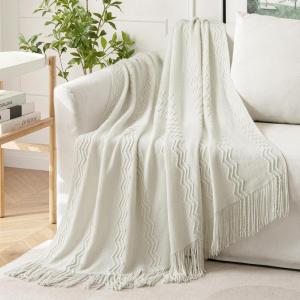 MIULEE Moss Green Knitted Throw Blanket for Couch Textured Knit Blanket with Tassels Cozy Woven Bed Blanket for Sofa Bed Chair Wave Pattern Spring Home Decor for All Seasons 50″x60″(Cream White)