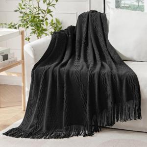 MIULEE Moss Green Knitted Throw Blanket for Couch Textured Knit Blanket with Tassels Cozy Woven Bed Blanket for Sofa Bed Chair Wave Pattern Spring Home Decor for All Seasons 50″x60″(Black)
