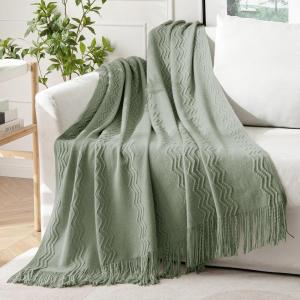 MIULEE Moss Green Knitted Throw Blanket for Couch Textured Knit Blanket with Tassels Cozy Woven Bed Blanket for Sofa Bed Chair Wave Pattern Spring Home Decor for All Seasons 50″x60″(Sage)