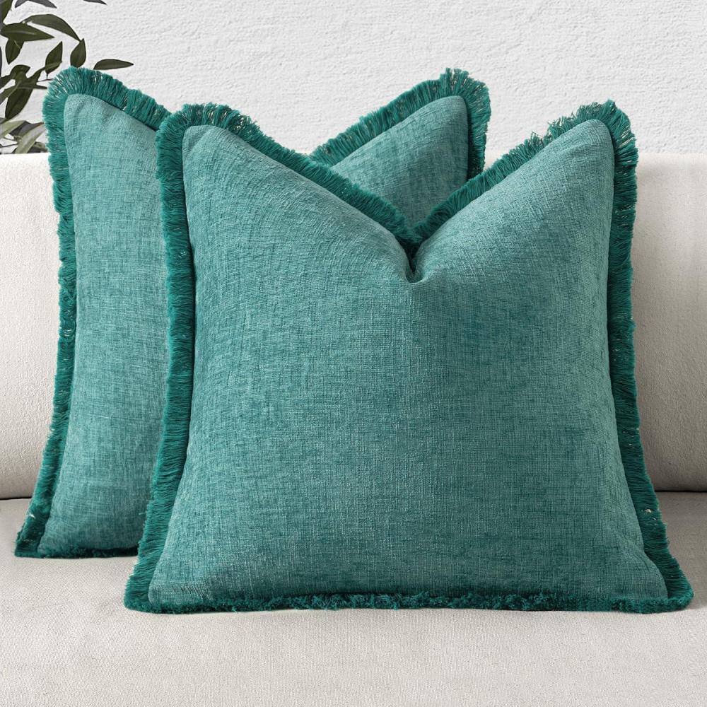 imageMIULEE Decorative Mustard Yellow Throw Pillow Covers 18x18 Inch Set of 2 Soft Boho Farmhouse Couch Pillow Covers with Tassels Chenille Accent Pillowcases for Spring Sofa Bed Living Room Home DecorTeal