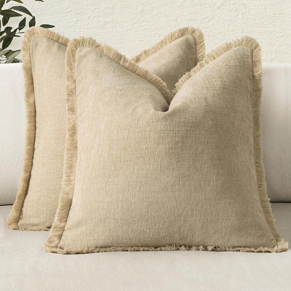 imageMIULEE Decorative Mustard Yellow Throw Pillow Covers 18x18 Inch Set of 2 Soft Boho Farmhouse Couch Pillow Covers with Tassels Chenille Accent Pillowcases for Spring Sofa Bed Living Room Home DecorNuetral Beige