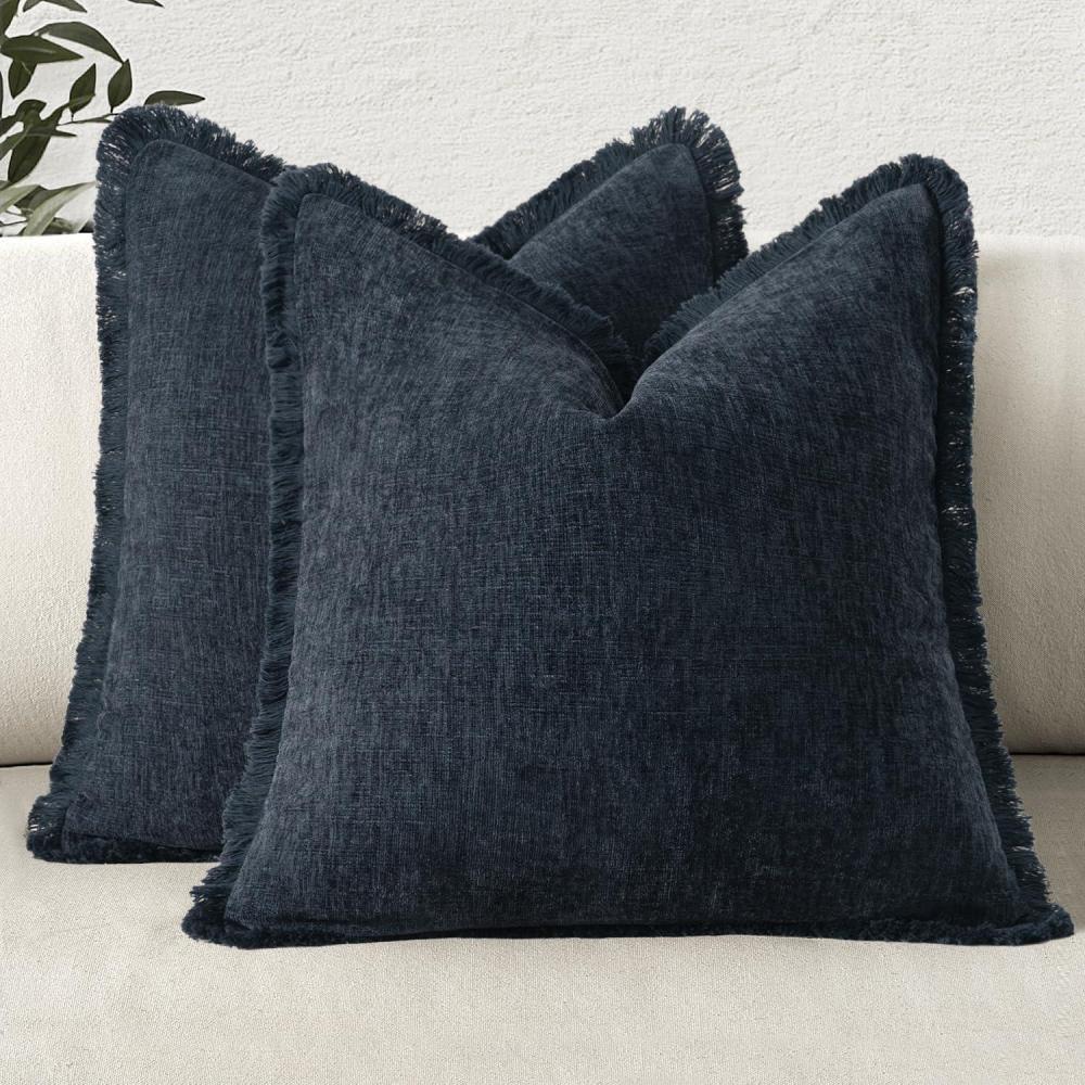 imageMIULEE Decorative Mustard Yellow Throw Pillow Covers 18x18 Inch Set of 2 Soft Boho Farmhouse Couch Pillow Covers with Tassels Chenille Accent Pillowcases for Spring Sofa Bed Living Room Home DecorNavy Blue