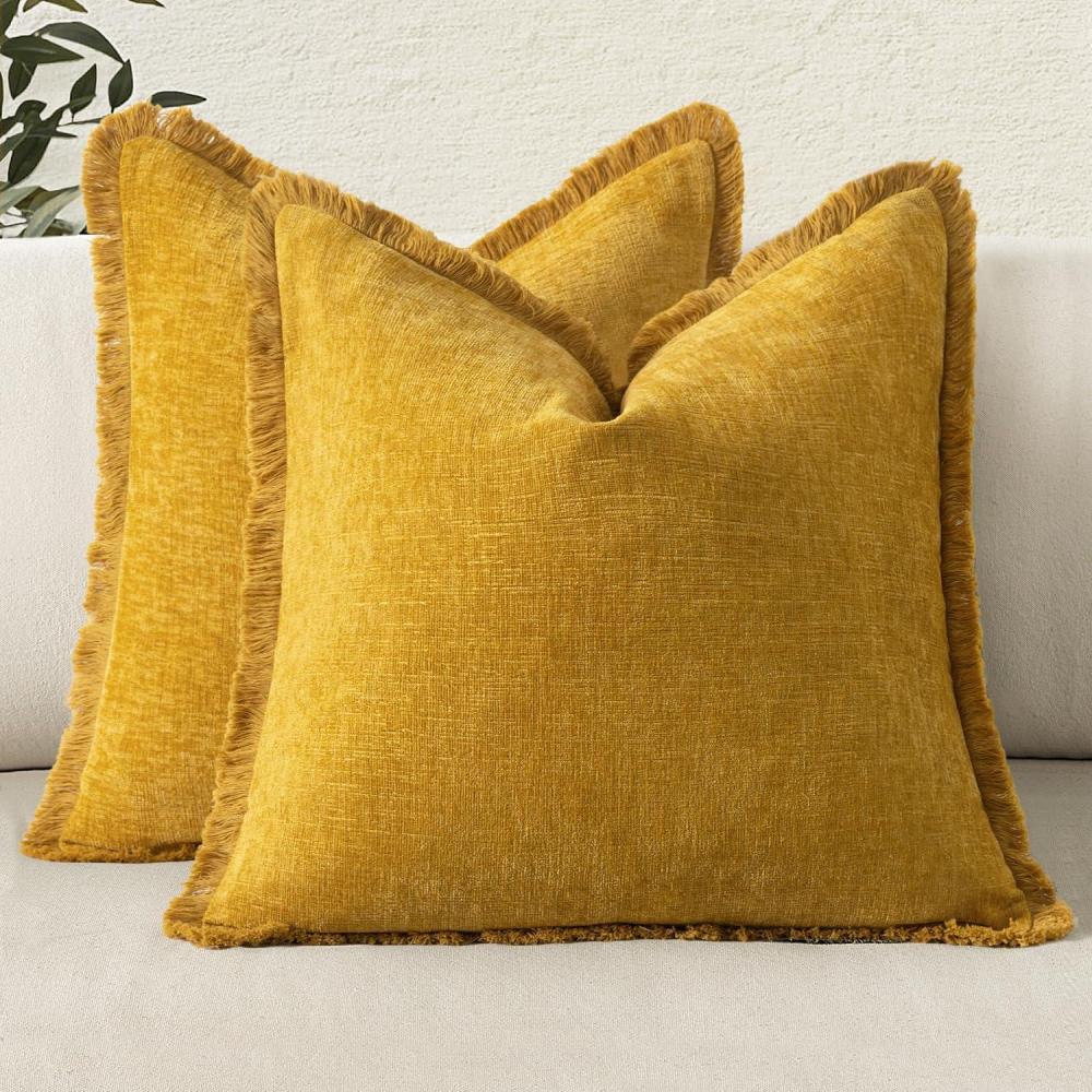 imageMIULEE Decorative Mustard Yellow Throw Pillow Covers 18x18 Inch Set of 2 Soft Boho Farmhouse Couch Pillow Covers with Tassels Chenille Accent Pillowcases for Spring Sofa Bed Living Room Home DecorMustard Yellow