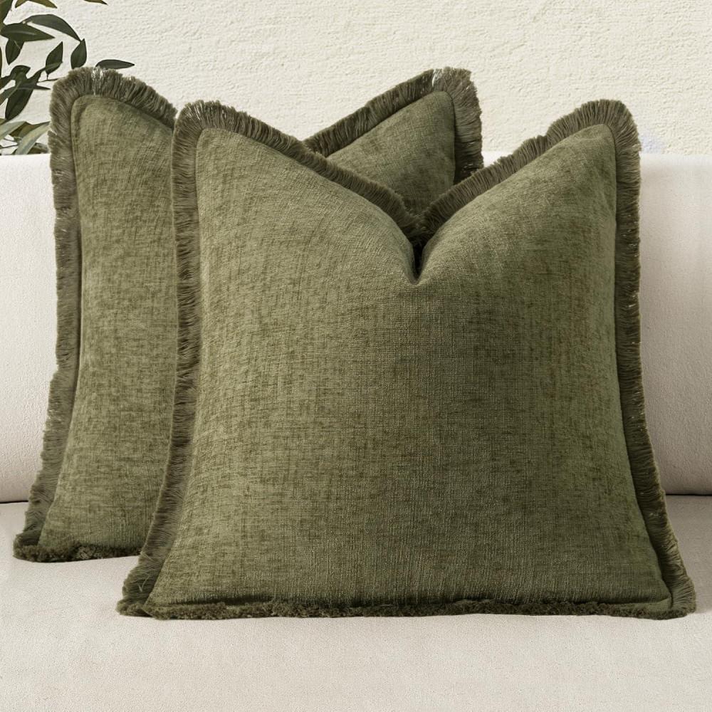 imageMIULEE Decorative Mustard Yellow Throw Pillow Covers 18x18 Inch Set of 2 Soft Boho Farmhouse Couch Pillow Covers with Tassels Chenille Accent Pillowcases for Spring Sofa Bed Living Room Home DecorOlive Green