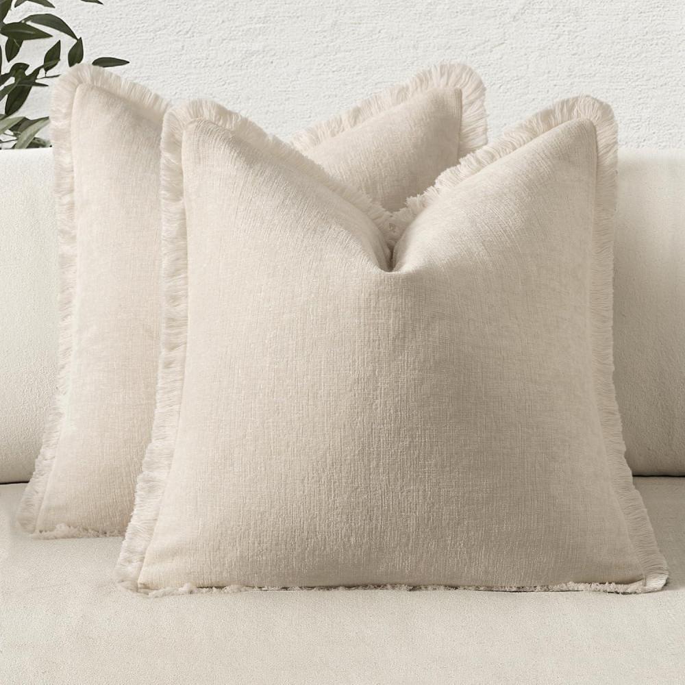 imageMIULEE Decorative Mustard Yellow Throw Pillow Covers 18x18 Inch Set of 2 Soft Boho Farmhouse Couch Pillow Covers with Tassels Chenille Accent Pillowcases for Spring Sofa Bed Living Room Home DecorCream White