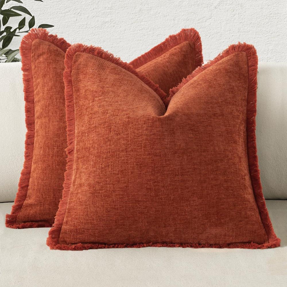 imageMIULEE Decorative Mustard Yellow Throw Pillow Covers 18x18 Inch Set of 2 Soft Boho Farmhouse Couch Pillow Covers with Tassels Chenille Accent Pillowcases for Spring Sofa Bed Living Room Home DecorBurnt Orange