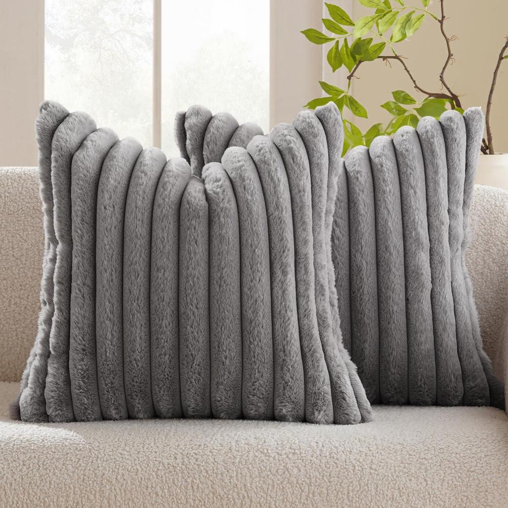 imageMIULEE Faux Fur Plush Decorative Throw Pillow Covers Set of 2 Luxury Soft Fluffy Striped Cute Pillowcases Cushion for Spring Sofa Couch Bed Living Room White 18x18 InchLight Grey