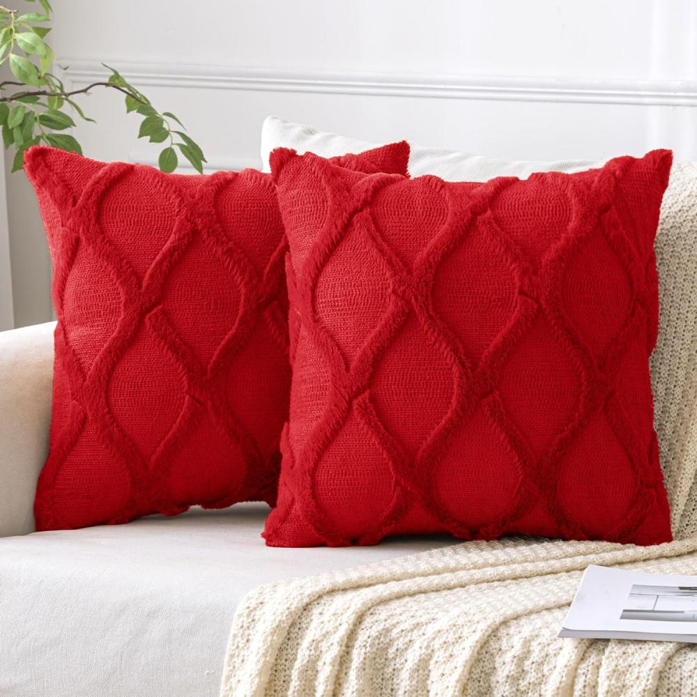 imageMIULEE Spring Decorative Throw Pillow Covers Mustard Yellow 18x18 Inch Set of 2 Soft Plush Faux Wool Couch Cushion Covers Farmhouse Throw Pillows for Couch Bed Sofa Living RoomRed