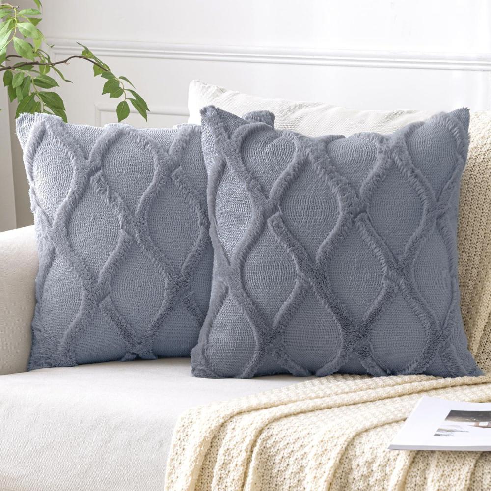 imageMIULEE Spring Decorative Throw Pillow Covers Mustard Yellow 18x18 Inch Set of 2 Soft Plush Faux Wool Couch Cushion Covers Farmhouse Throw Pillows for Couch Bed Sofa Living RoomGrey Blue