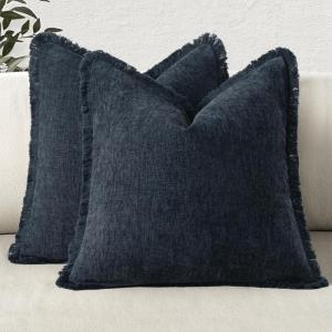 MIULEE Decorative Mustard Yellow Throw Pillow Covers 18×18 Inch Set of 2 Soft Boho Farmhouse Couch Pillow Covers with Tassels Chenille Accent Pillowcases for Spring Sofa Bed Living Room Home Decor(Navy Blue)
