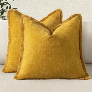 MIULEE Decorative Mustard Yellow Throw Pillow Covers 18×18 Inch Set of 2 Soft Boho Farmhouse Couch Pillow Covers with Tassels Chenille Accent Pillowcases for Spring Sofa Bed Living Room Home Decor(Mustard Yellow)