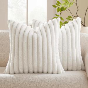 MIULEE Faux Fur Plush Decorative Throw Pillow Covers Set of 2 Luxury Soft Fluffy Striped Cute Pillowcases Cushion for Spring Sofa Couch Bed Living Room White 18×18 Inch(White)