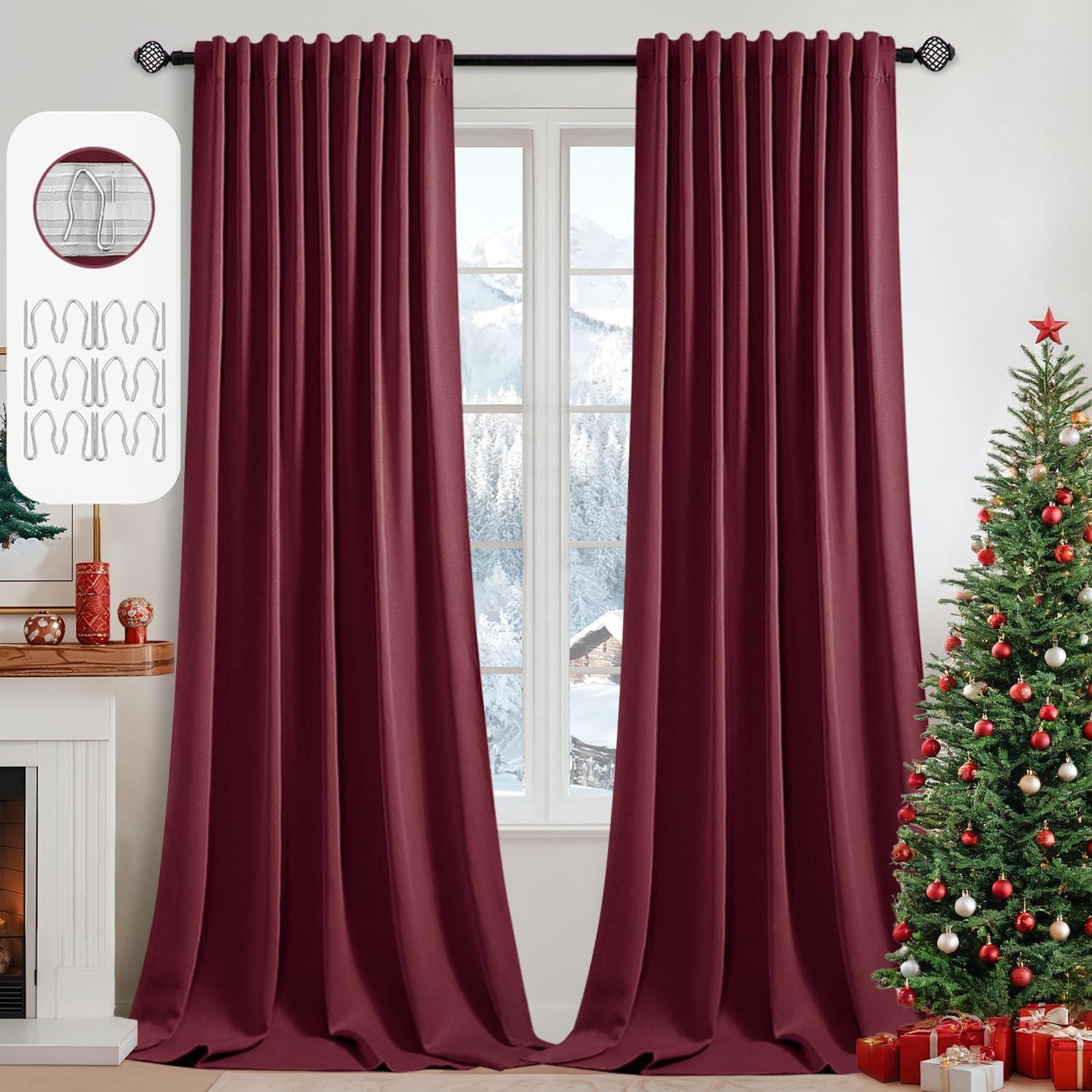 imageMIULEE Christmas Hunter Green Back Tab Blackout Curtains 84 Inch Length 2 Panels Set for Living Room Bedroom Rod PocketPinch Pleat Thermal Insulated Room Darkening Pleated Light Blocking DrapesWine Red