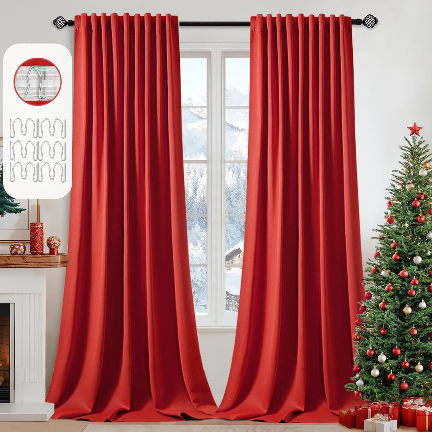 imageMIULEE Christmas Hunter Green Back Tab Blackout Curtains 84 Inch Length 2 Panels Set for Living Room Bedroom Rod PocketPinch Pleat Thermal Insulated Room Darkening Pleated Light Blocking DrapesRed