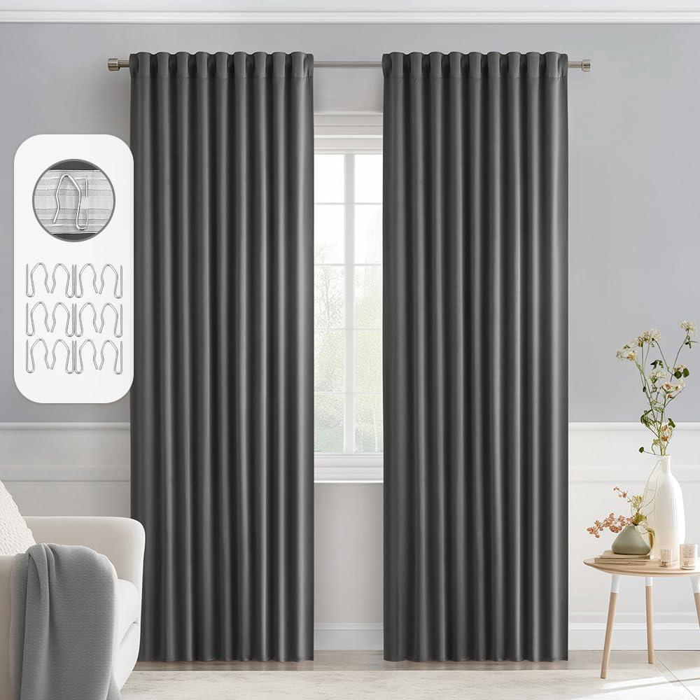 imageMIULEE Christmas Hunter Green Back Tab Blackout Curtains 84 Inch Length 2 Panels Set for Living Room Bedroom Rod PocketPinch Pleat Thermal Insulated Room Darkening Pleated Light Blocking DrapesGrey