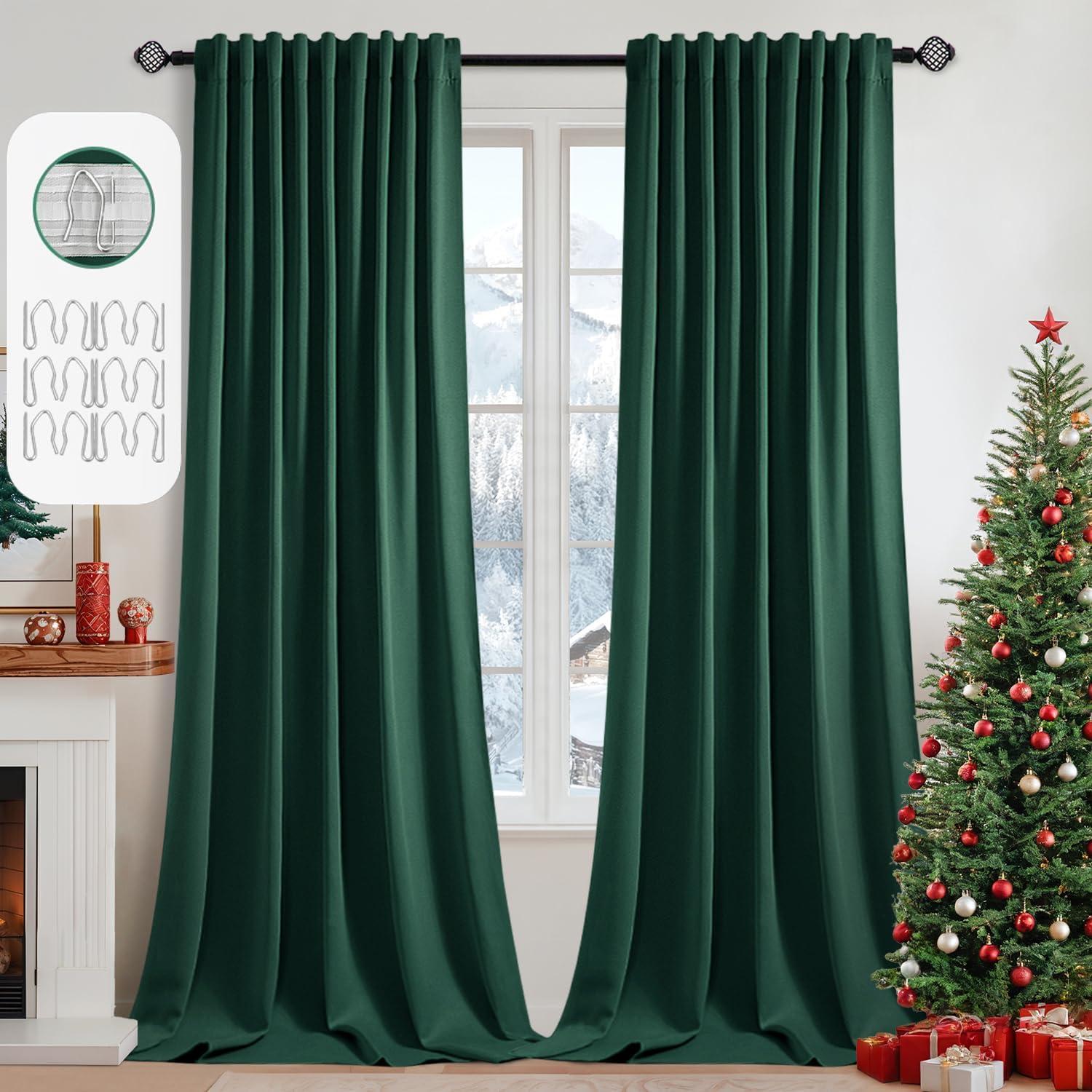 imageMIULEE Christmas Hunter Green Back Tab Blackout Curtains 84 Inch Length 2 Panels Set for Living Room Bedroom Rod PocketPinch Pleat Thermal Insulated Room Darkening Pleated Light Blocking DrapesHunter Green