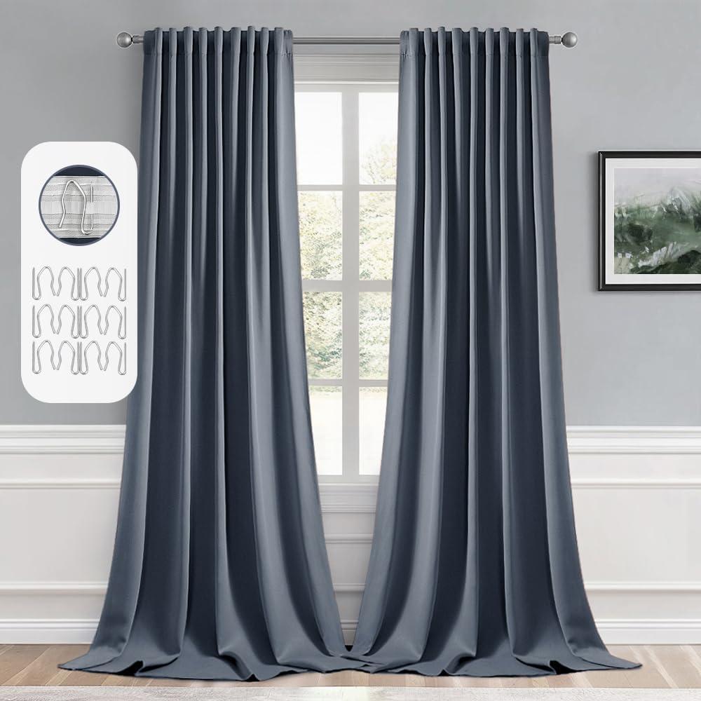 imageMIULEE Christmas Hunter Green Back Tab Blackout Curtains 84 Inch Length 2 Panels Set for Living Room Bedroom Rod PocketPinch Pleat Thermal Insulated Room Darkening Pleated Light Blocking DrapesStone Blue