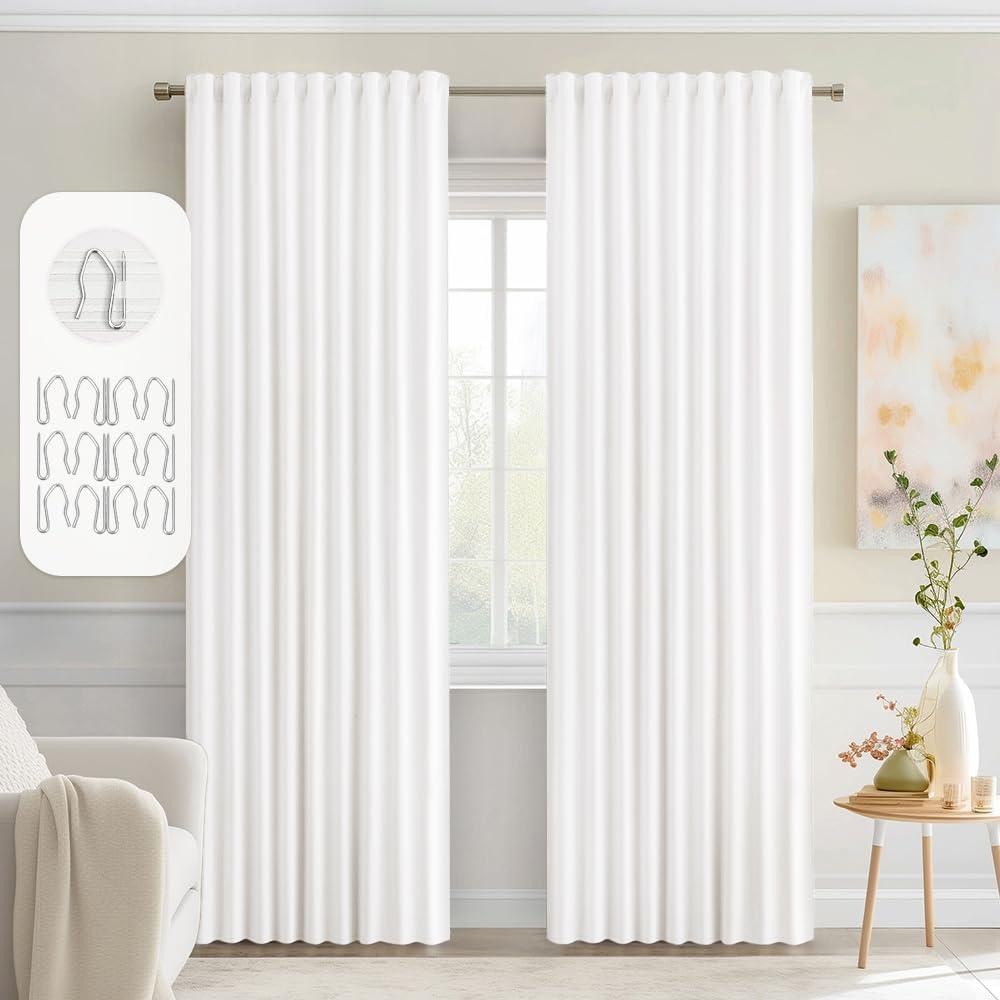 imageMIULEE Christmas Hunter Green Back Tab Blackout Curtains 84 Inch Length 2 Panels Set for Living Room Bedroom Rod PocketPinch Pleat Thermal Insulated Room Darkening Pleated Light Blocking DrapesPure White