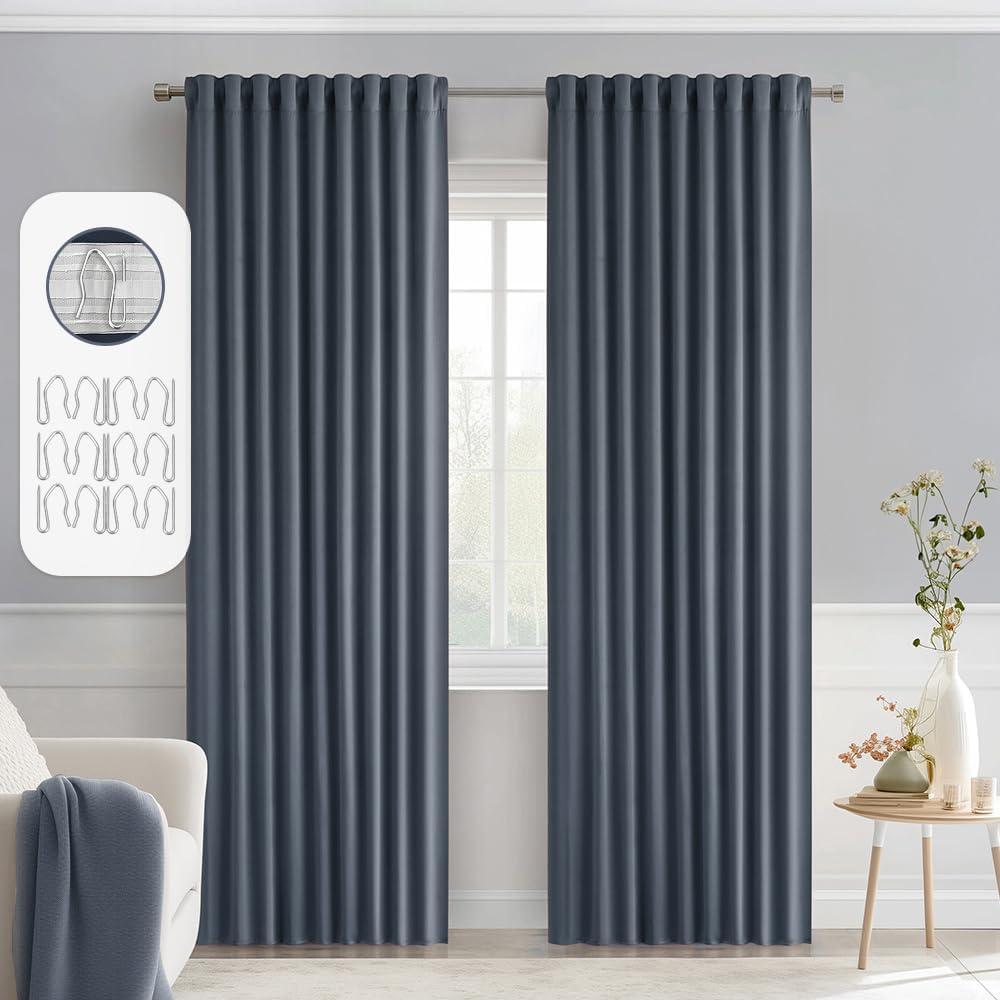 imageMIULEE Christmas Hunter Green Back Tab Blackout Curtains 84 Inch Length 2 Panels Set for Living Room Bedroom Rod PocketPinch Pleat Thermal Insulated Room Darkening Pleated Light Blocking DrapesStone Blue
