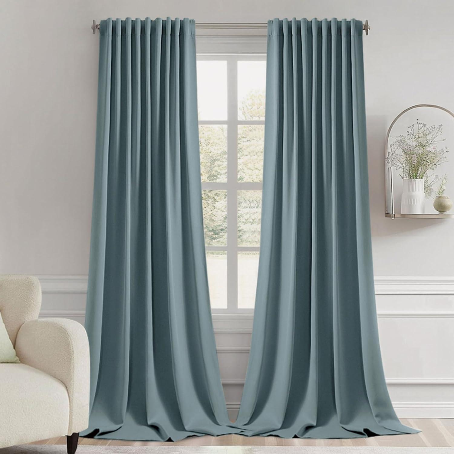 imageMIULEE Christmas Hunter Green Back Tab Blackout Curtains 84 Inch Length 2 Panels Set for Living Room Bedroom Rod PocketPinch Pleat Thermal Insulated Room Darkening Pleated Light Blocking DrapesGreyish Blue