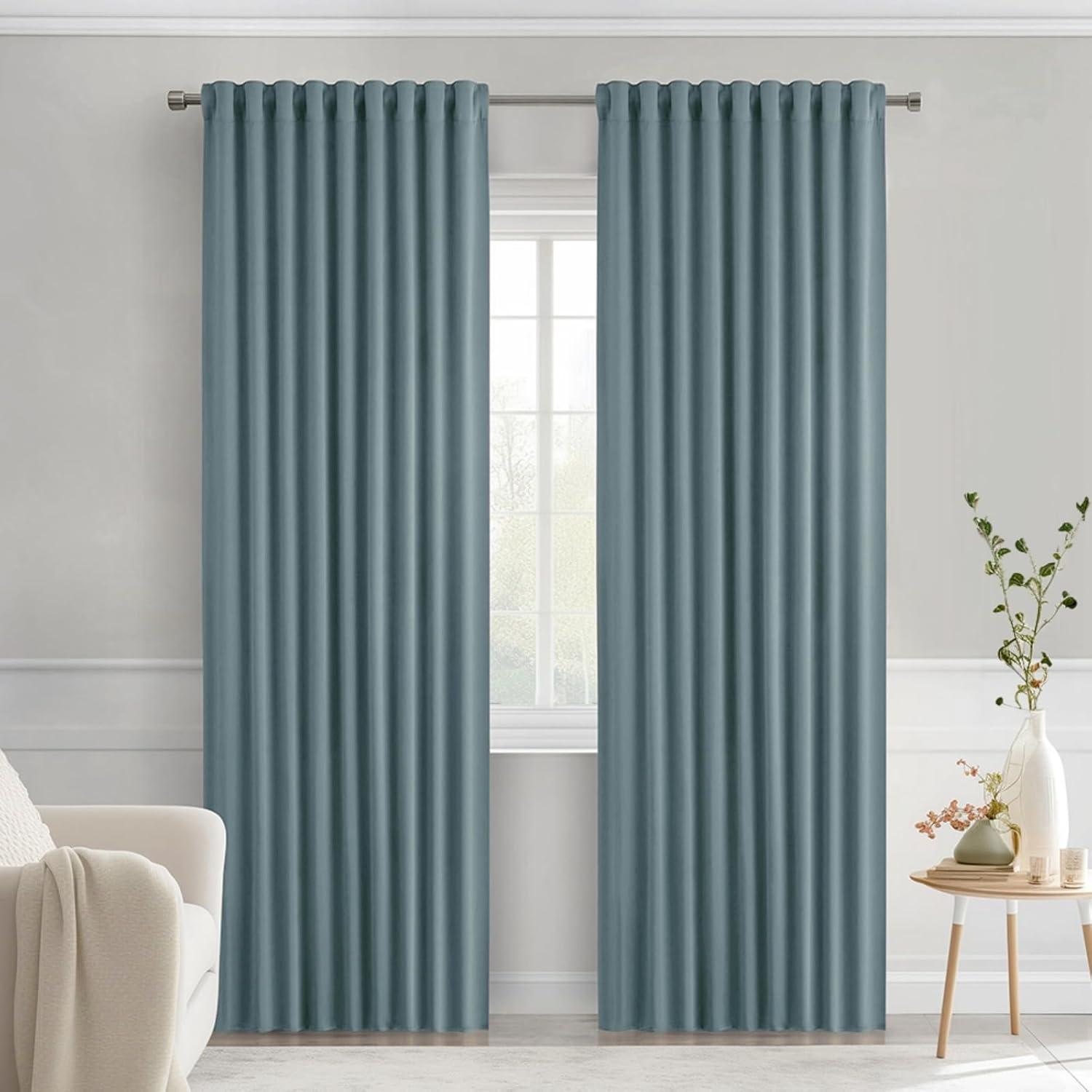 imageMIULEE Christmas Hunter Green Back Tab Blackout Curtains 84 Inch Length 2 Panels Set for Living Room Bedroom Rod PocketPinch Pleat Thermal Insulated Room Darkening Pleated Light Blocking DrapesGreyish Blue