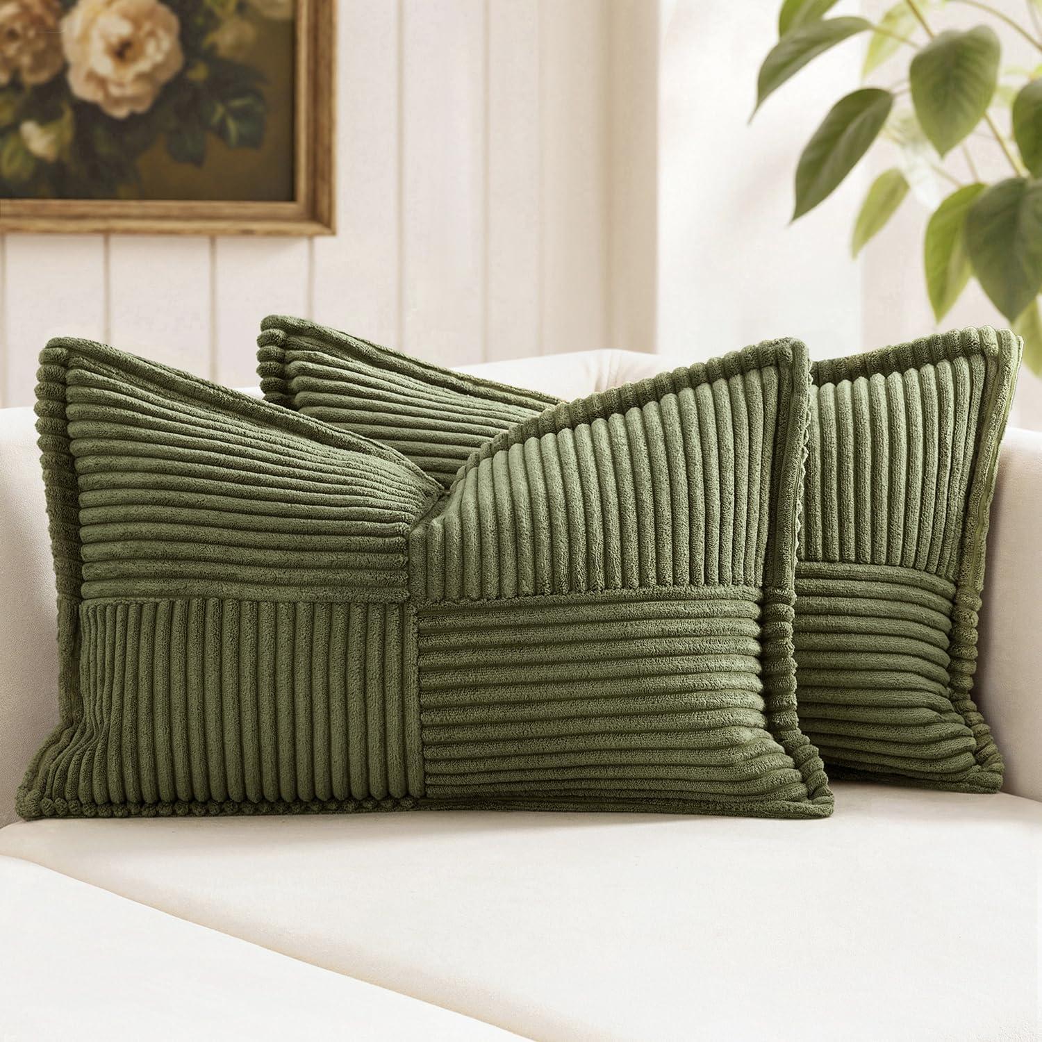 imageMIULEE Orange Fall Corduroy Decorative Euro Sham Pillow Covers 24x24 Inch with Splicing Set of 2 Soft Boho Pillow Covers Broadside Textured Summer Pillowcases for Couch Bed LivingroomOlive Green