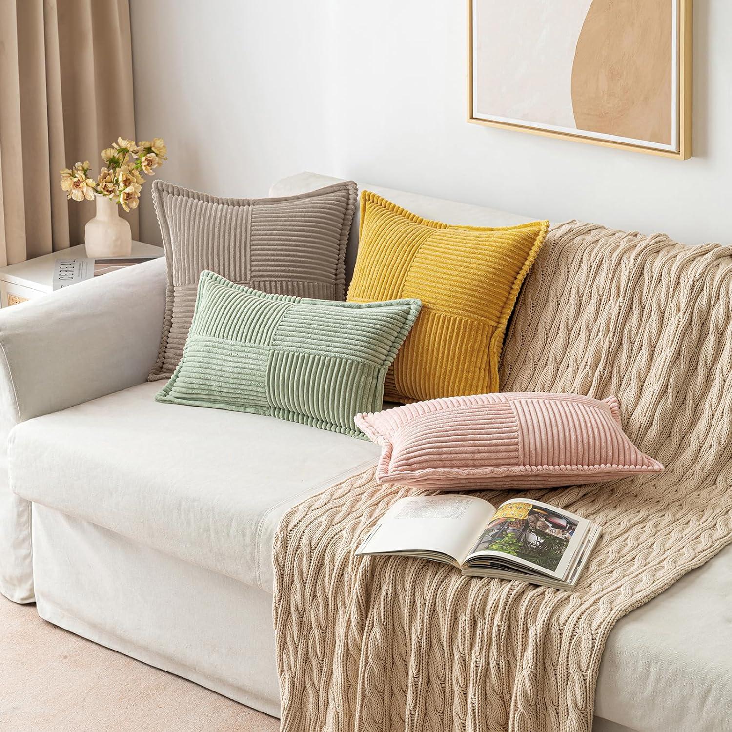 imageMIULEE Orange Fall Corduroy Decorative Euro Sham Pillow Covers 24x24 Inch with Splicing Set of 2 Soft Boho Pillow Covers Broadside Textured Summer Pillowcases for Couch Bed LivingroomLight Brown