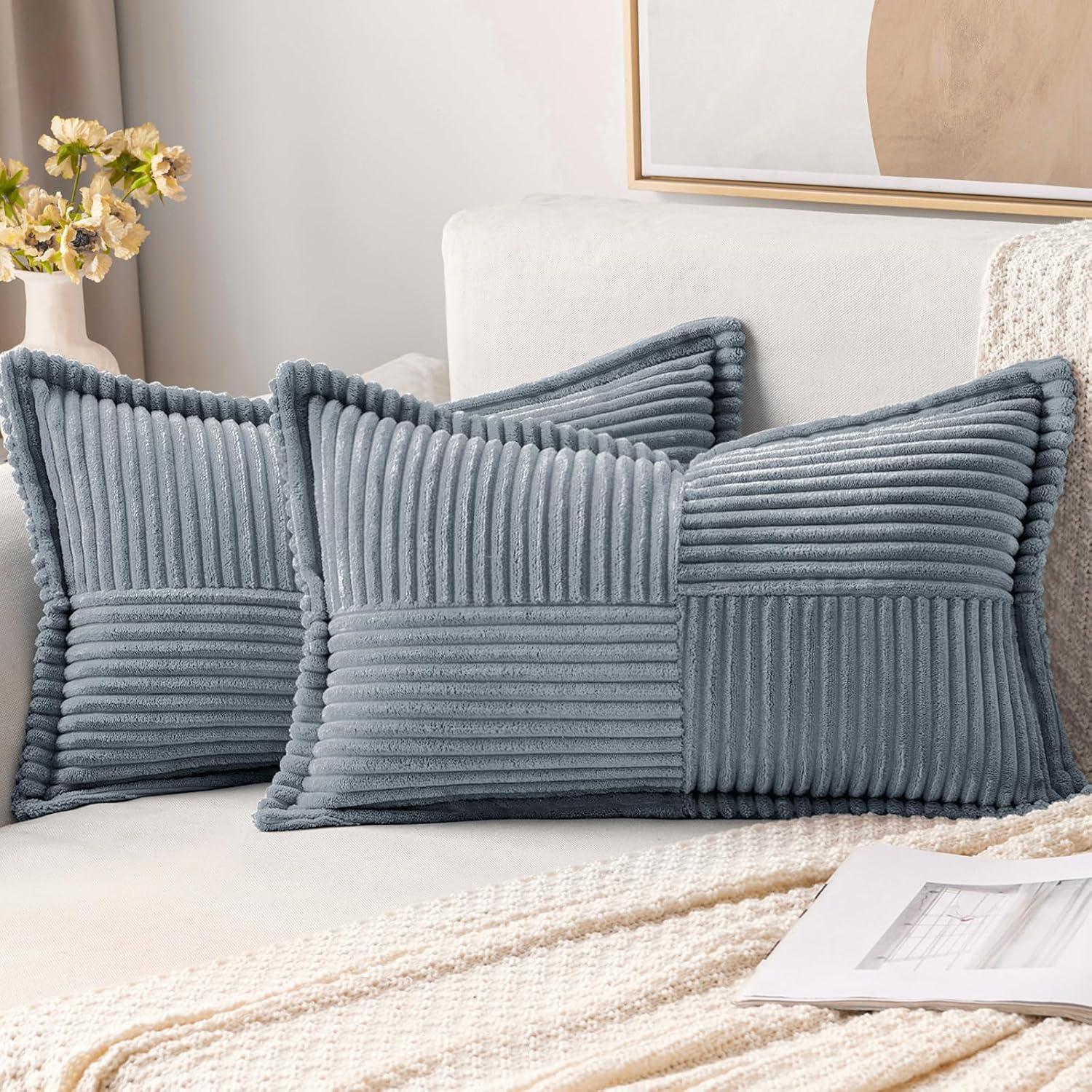 imageMIULEE Orange Fall Corduroy Decorative Euro Sham Pillow Covers 24x24 Inch with Splicing Set of 2 Soft Boho Pillow Covers Broadside Textured Summer Pillowcases for Couch Bed LivingroomDustyblue