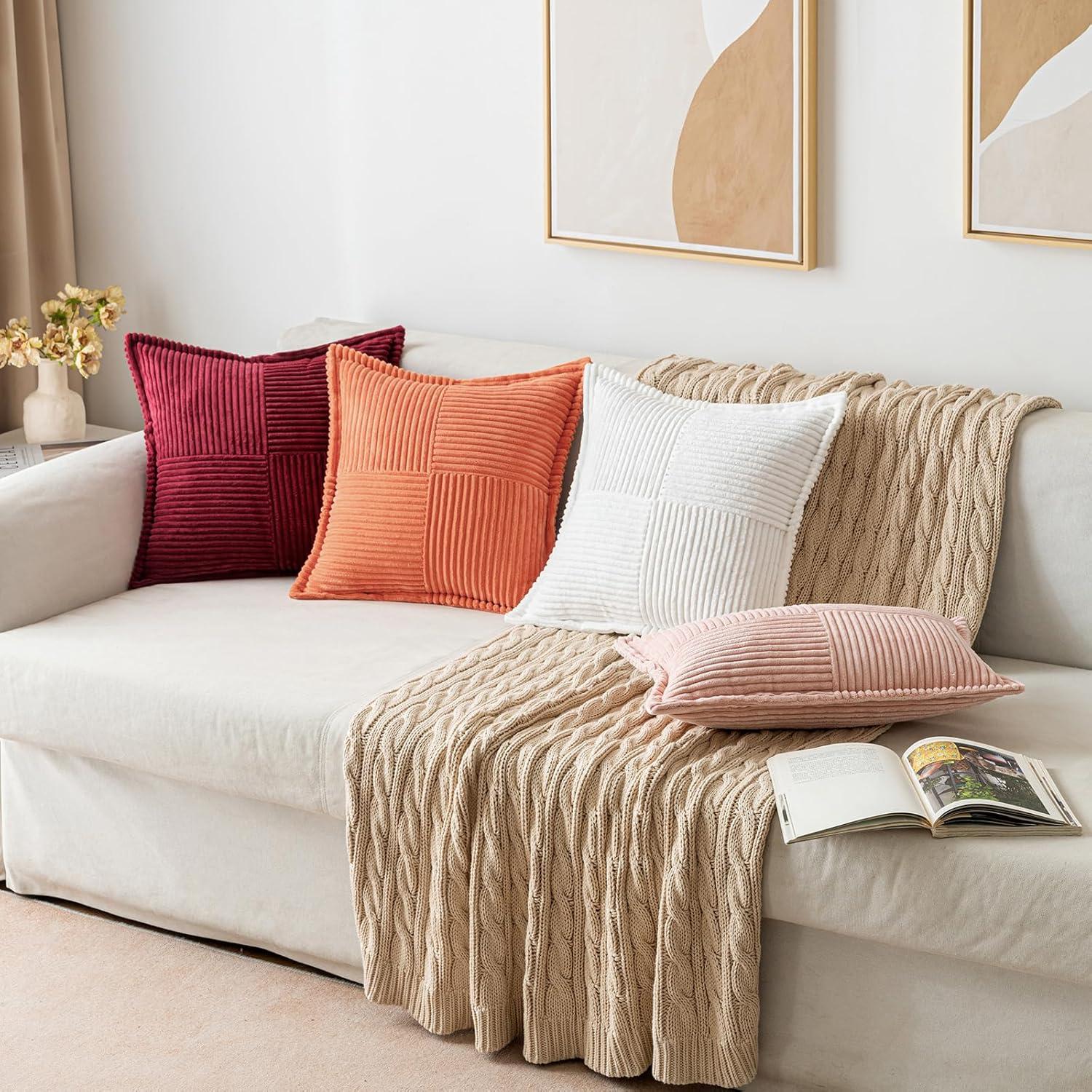 imageMIULEE Orange Fall Corduroy Decorative Euro Sham Pillow Covers 24x24 Inch with Splicing Set of 2 Soft Boho Pillow Covers Broadside Textured Summer Pillowcases for Couch Bed LivingroomOrange