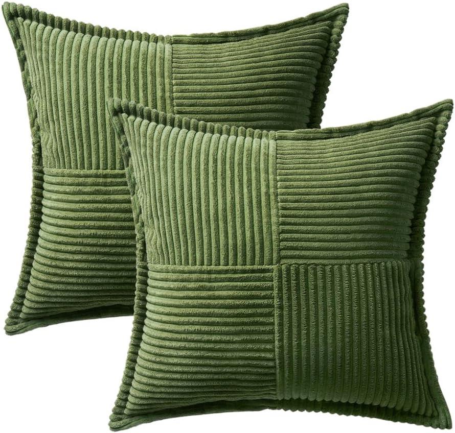 imageMIULEE Orange Fall Corduroy Decorative Euro Sham Pillow Covers 24x24 Inch with Splicing Set of 2 Soft Boho Pillow Covers Broadside Textured Summer Pillowcases for Couch Bed LivingroomMoss Green