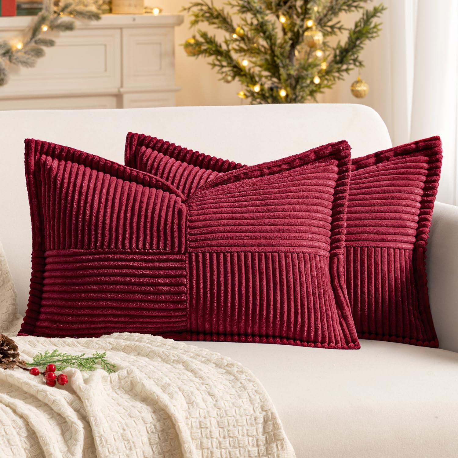 imageMIULEE Orange Fall Corduroy Decorative Euro Sham Pillow Covers 24x24 Inch with Splicing Set of 2 Soft Boho Pillow Covers Broadside Textured Summer Pillowcases for Couch Bed LivingroomBurgundy