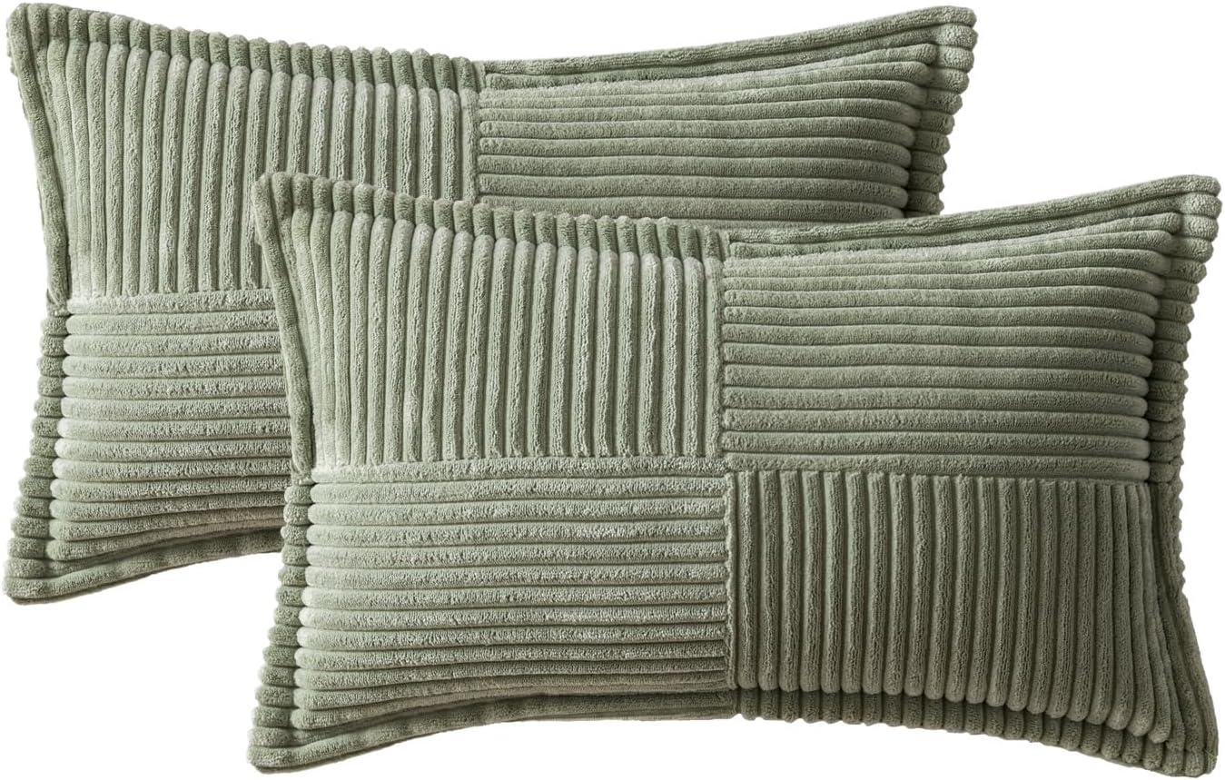 imageMIULEE Orange Fall Corduroy Decorative Euro Sham Pillow Covers 24x24 Inch with Splicing Set of 2 Soft Boho Pillow Covers Broadside Textured Summer Pillowcases for Couch Bed LivingroomLight Olive Green