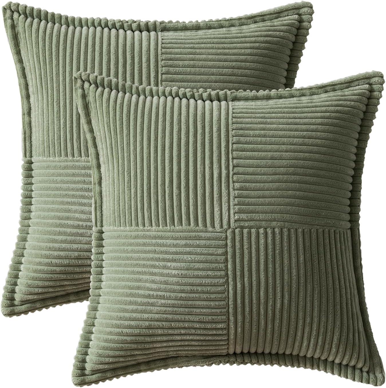 imageMIULEE Orange Fall Corduroy Decorative Euro Sham Pillow Covers 24x24 Inch with Splicing Set of 2 Soft Boho Pillow Covers Broadside Textured Summer Pillowcases for Couch Bed LivingroomLight Olive Green