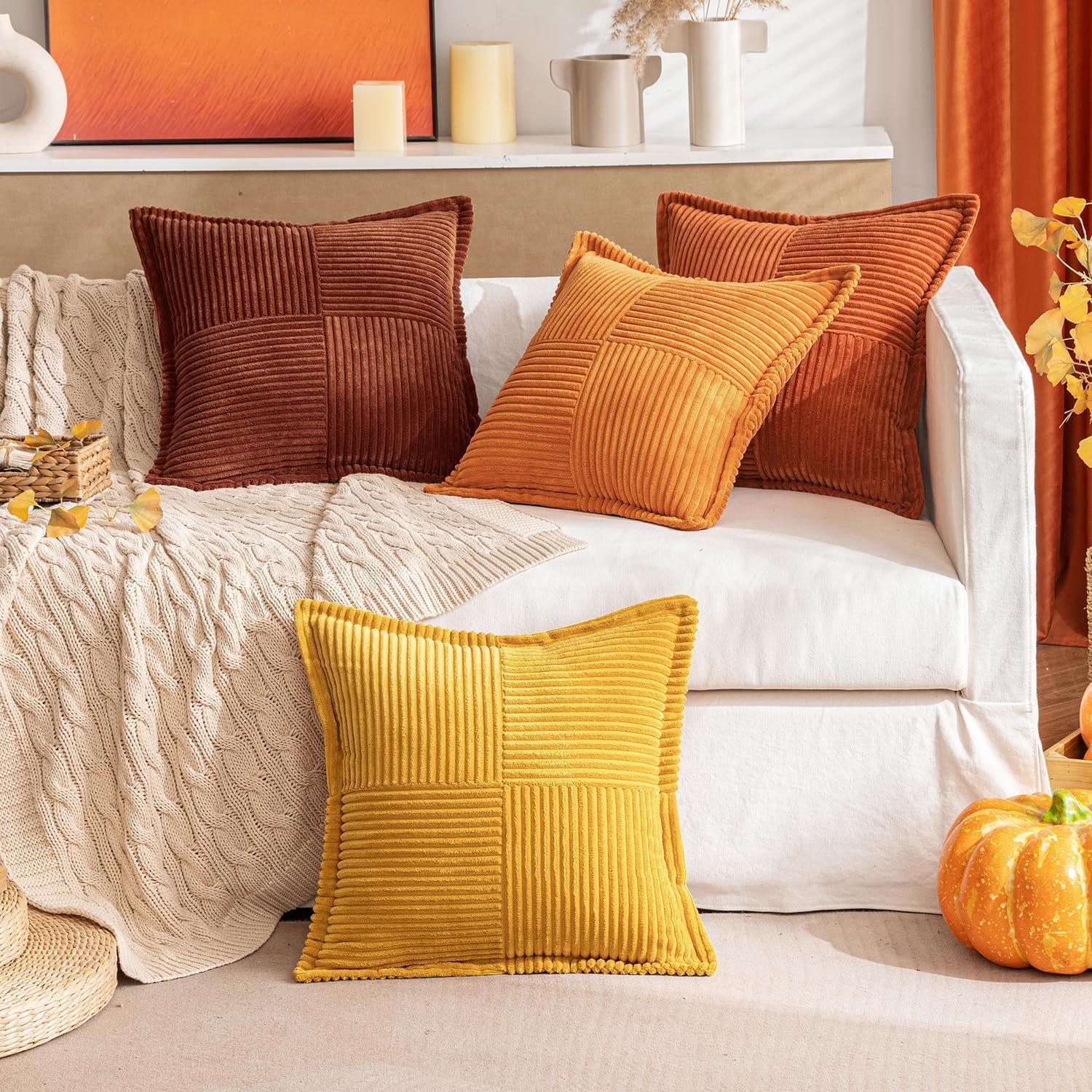 imageMIULEE Orange Fall Corduroy Decorative Euro Sham Pillow Covers 24x24 Inch with Splicing Set of 2 Soft Boho Pillow Covers Broadside Textured Summer Pillowcases for Couch Bed LivingroomDark Rust