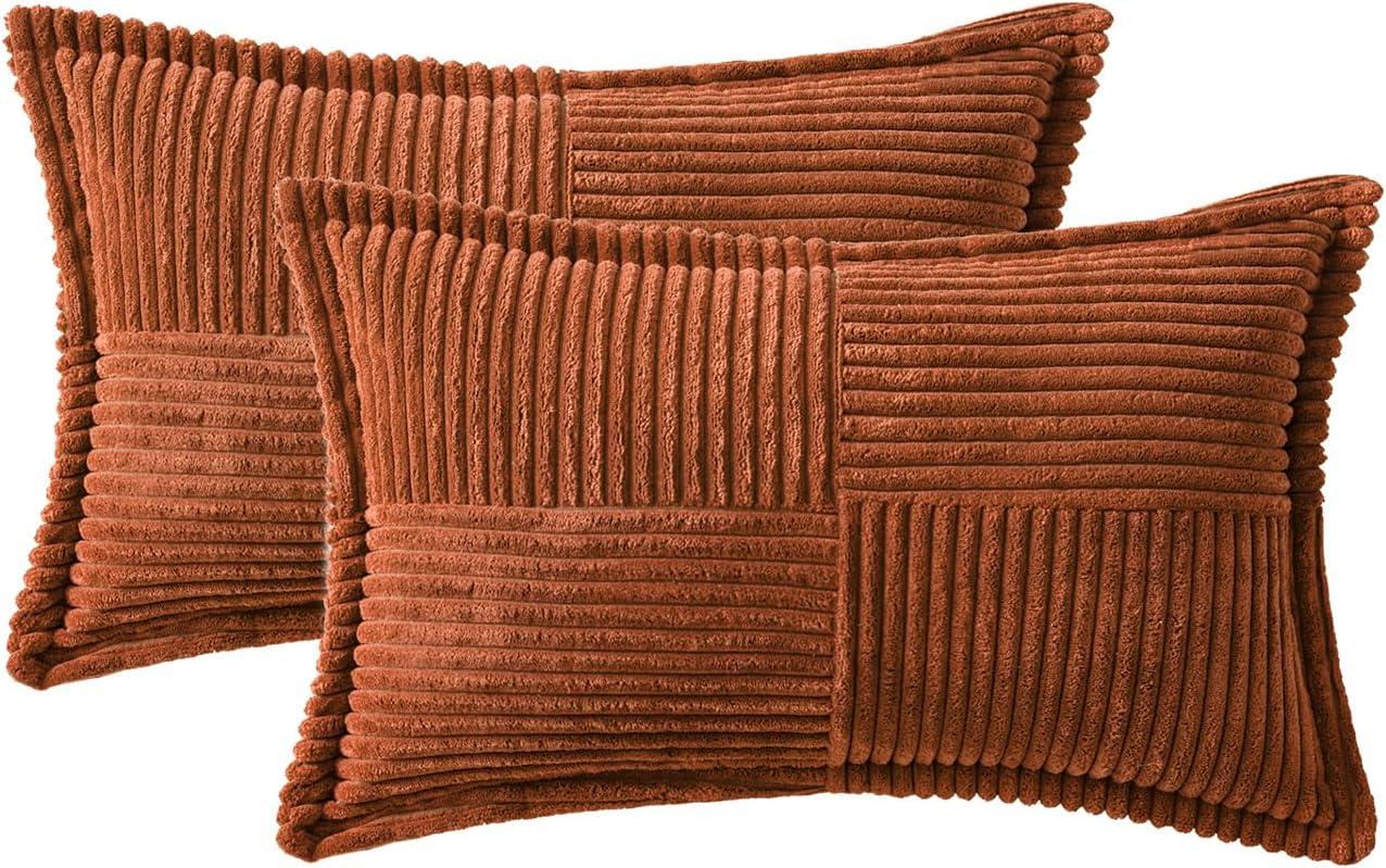 imageMIULEE Orange Fall Corduroy Decorative Euro Sham Pillow Covers 24x24 Inch with Splicing Set of 2 Soft Boho Pillow Covers Broadside Textured Summer Pillowcases for Couch Bed LivingroomDark Rust