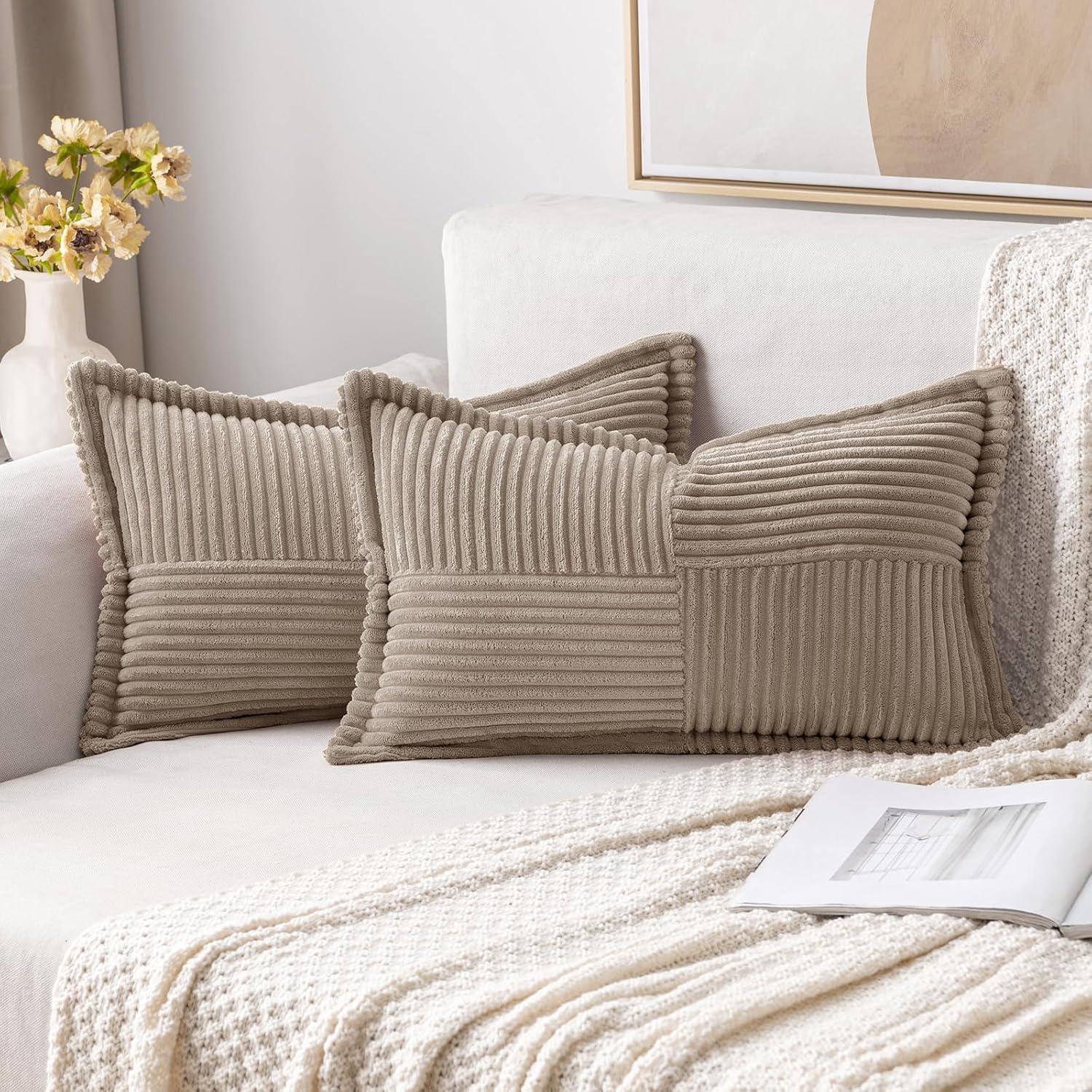 imageMIULEE Orange Fall Corduroy Decorative Euro Sham Pillow Covers 24x24 Inch with Splicing Set of 2 Soft Boho Pillow Covers Broadside Textured Summer Pillowcases for Couch Bed LivingroomLight Brown