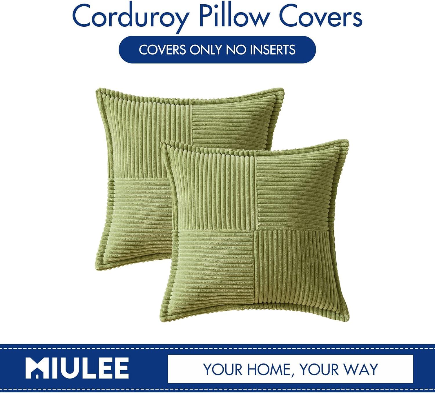 imageMIULEE Orange Fall Corduroy Decorative Euro Sham Pillow Covers 24x24 Inch with Splicing Set of 2 Soft Boho Pillow Covers Broadside Textured Summer Pillowcases for Couch Bed LivingroomGreen
