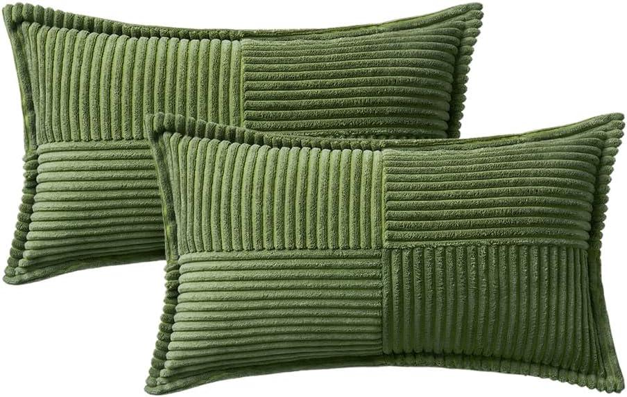 imageMIULEE Orange Fall Corduroy Decorative Euro Sham Pillow Covers 24x24 Inch with Splicing Set of 2 Soft Boho Pillow Covers Broadside Textured Summer Pillowcases for Couch Bed LivingroomMoss Green