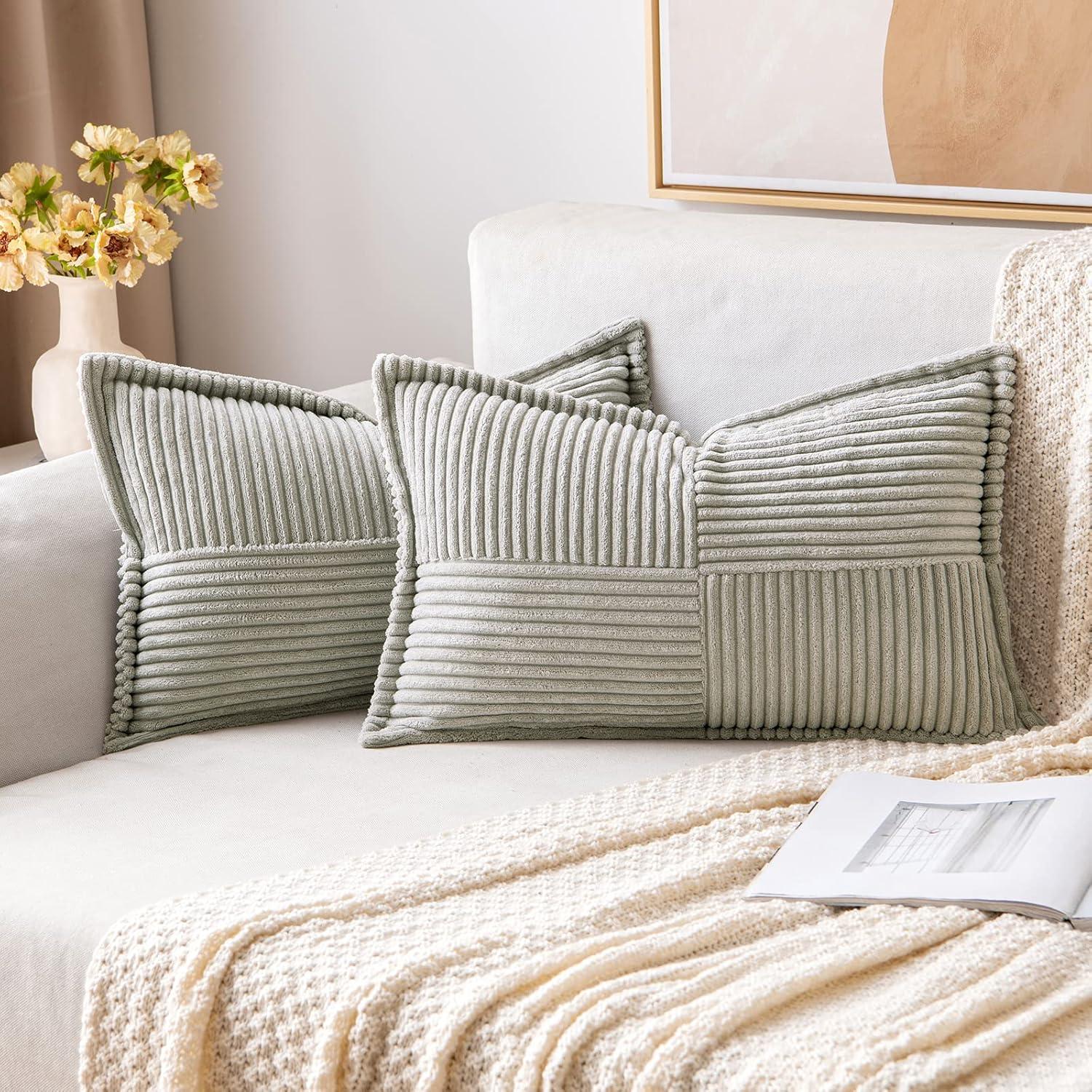 imageMIULEE Orange Fall Corduroy Decorative Euro Sham Pillow Covers 24x24 Inch with Splicing Set of 2 Soft Boho Pillow Covers Broadside Textured Summer Pillowcases for Couch Bed LivingroomLight Grey