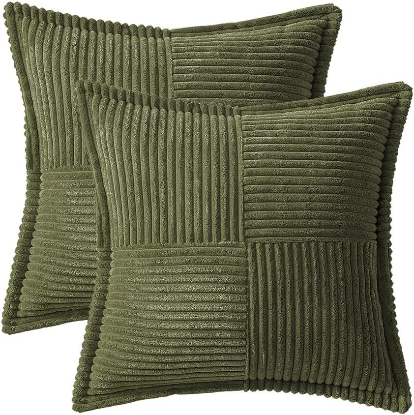 imageMIULEE Orange Fall Corduroy Decorative Euro Sham Pillow Covers 24x24 Inch with Splicing Set of 2 Soft Boho Pillow Covers Broadside Textured Summer Pillowcases for Couch Bed LivingroomOlive Green
