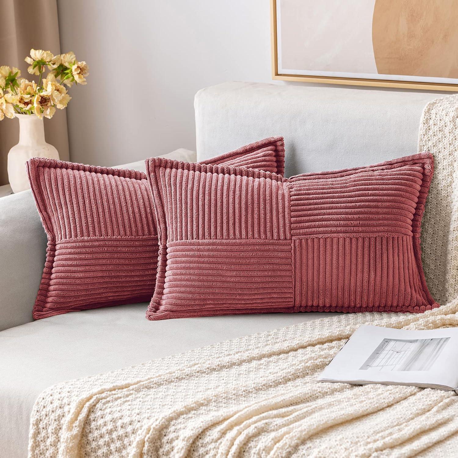 imageMIULEE Orange Fall Corduroy Decorative Euro Sham Pillow Covers 24x24 Inch with Splicing Set of 2 Soft Boho Pillow Covers Broadside Textured Summer Pillowcases for Couch Bed LivingroomCranberry Red
