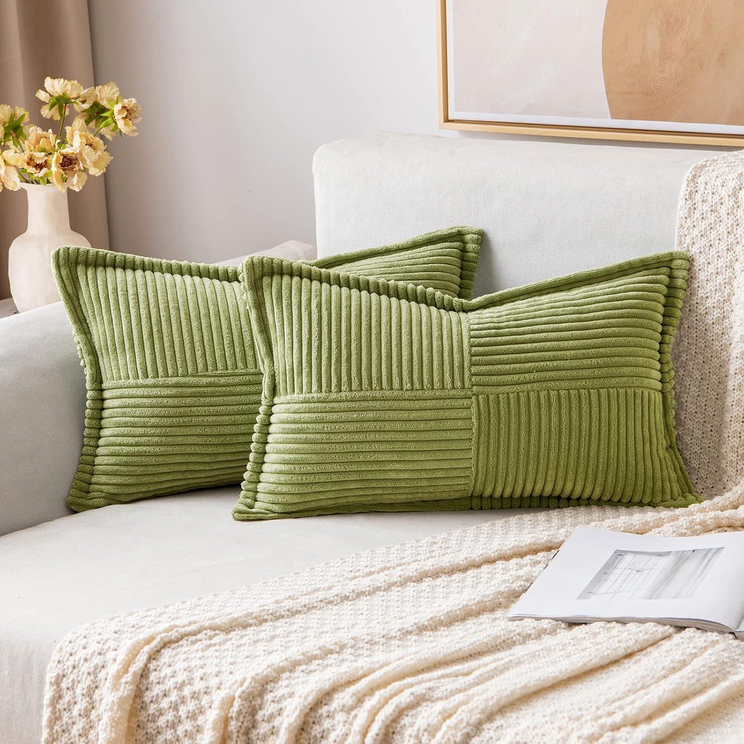 imageMIULEE Orange Fall Corduroy Decorative Euro Sham Pillow Covers 24x24 Inch with Splicing Set of 2 Soft Boho Pillow Covers Broadside Textured Summer Pillowcases for Couch Bed LivingroomGreen