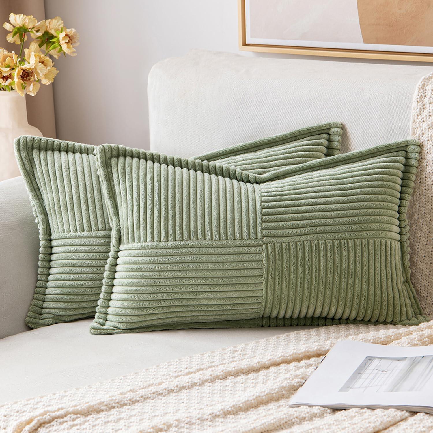 imageMIULEE Orange Fall Corduroy Decorative Euro Sham Pillow Covers 24x24 Inch with Splicing Set of 2 Soft Boho Pillow Covers Broadside Textured Summer Pillowcases for Couch Bed LivingroomSage Green