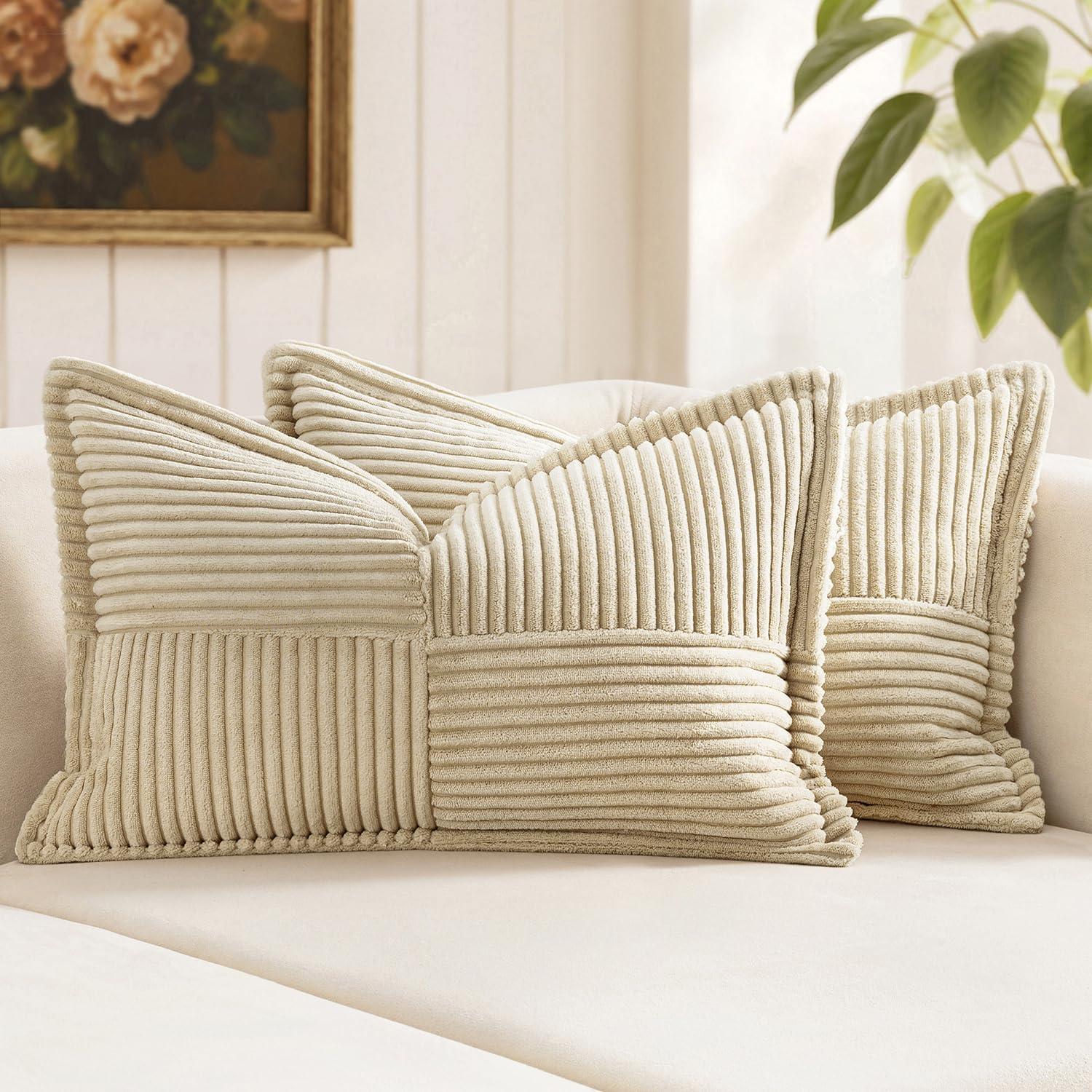 imageMIULEE Orange Fall Corduroy Decorative Euro Sham Pillow Covers 24x24 Inch with Splicing Set of 2 Soft Boho Pillow Covers Broadside Textured Summer Pillowcases for Couch Bed LivingroomCream