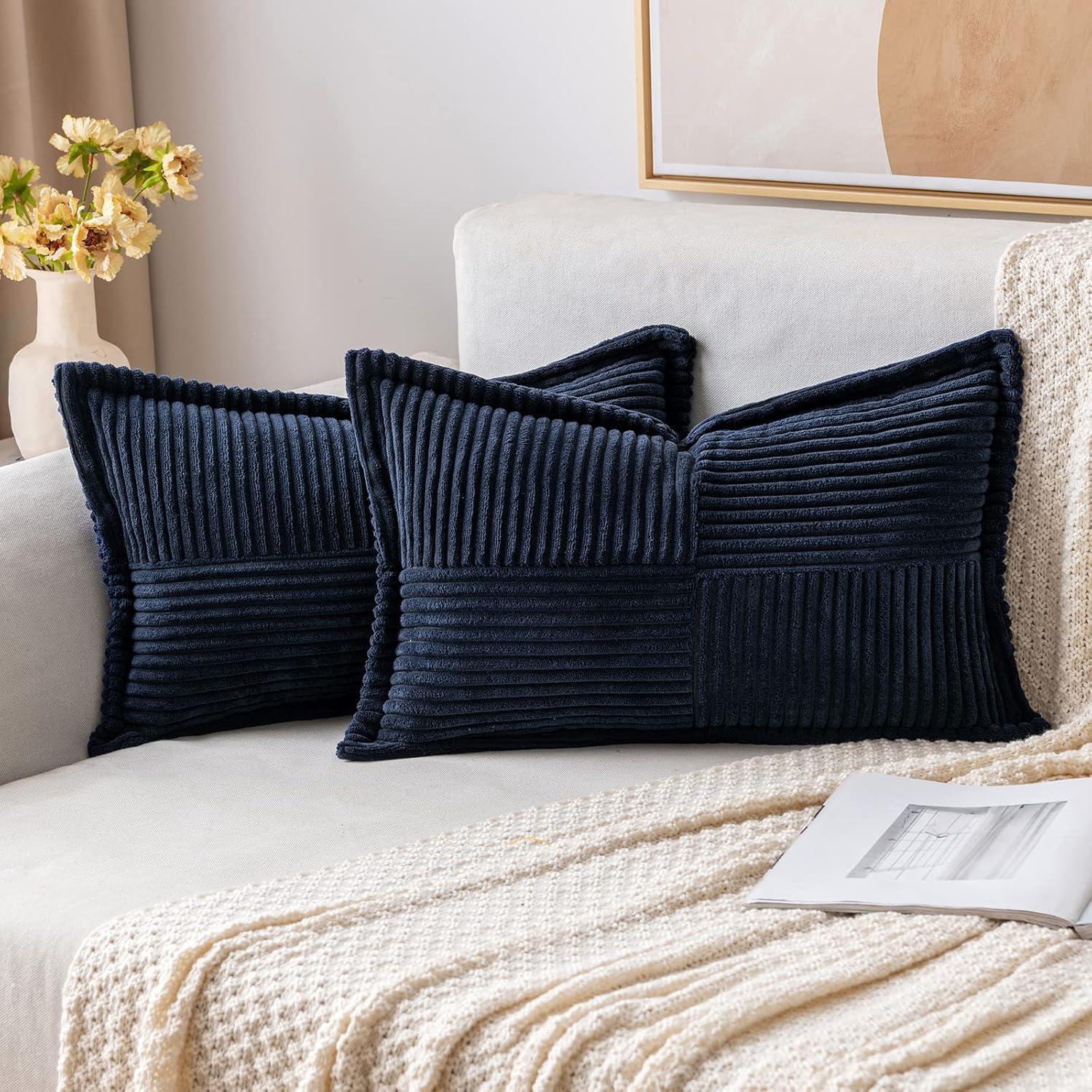 imageMIULEE Orange Fall Corduroy Decorative Euro Sham Pillow Covers 24x24 Inch with Splicing Set of 2 Soft Boho Pillow Covers Broadside Textured Summer Pillowcases for Couch Bed LivingroomNavy Blue