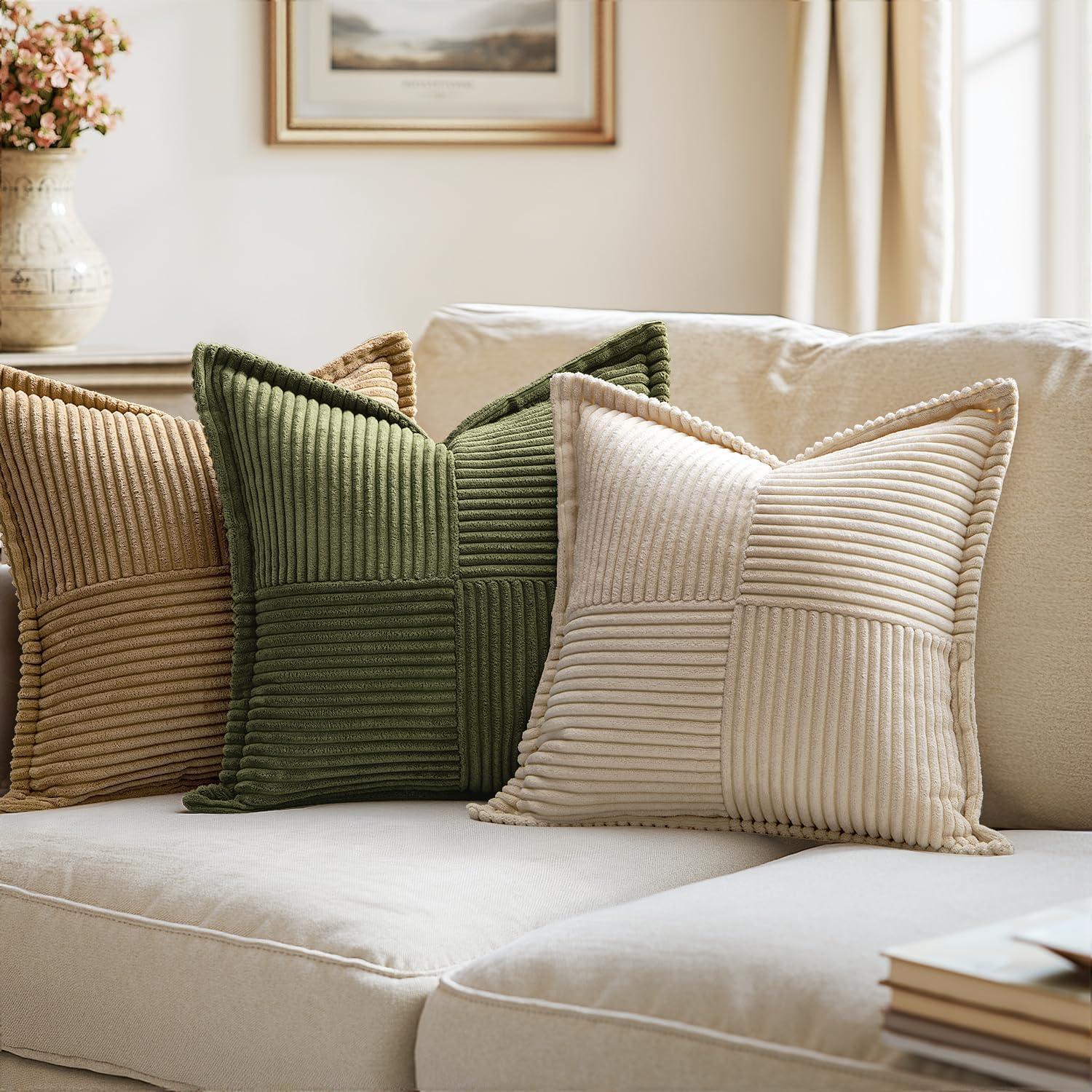 imageMIULEE Orange Fall Corduroy Decorative Euro Sham Pillow Covers 24x24 Inch with Splicing Set of 2 Soft Boho Pillow Covers Broadside Textured Summer Pillowcases for Couch Bed LivingroomBeige
