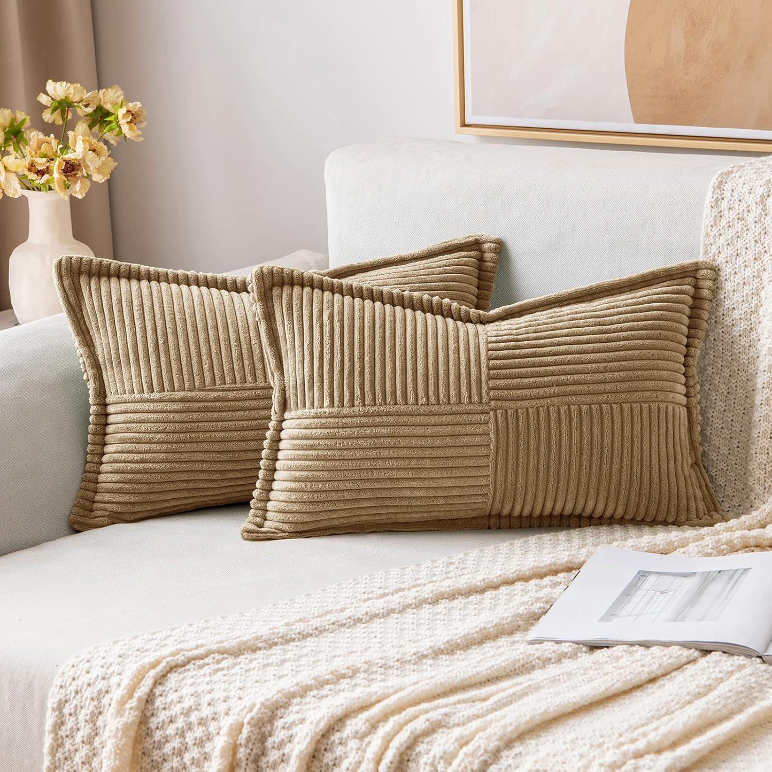 imageMIULEE Orange Fall Corduroy Decorative Euro Sham Pillow Covers 24x24 Inch with Splicing Set of 2 Soft Boho Pillow Covers Broadside Textured Summer Pillowcases for Couch Bed LivingroomKhaki