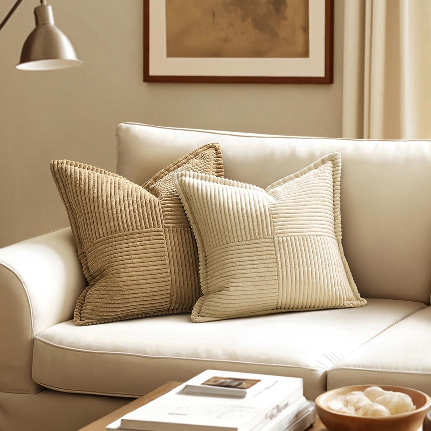 imageMIULEE Orange Fall Corduroy Decorative Euro Sham Pillow Covers 24x24 Inch with Splicing Set of 2 Soft Boho Pillow Covers Broadside Textured Summer Pillowcases for Couch Bed LivingroomCream