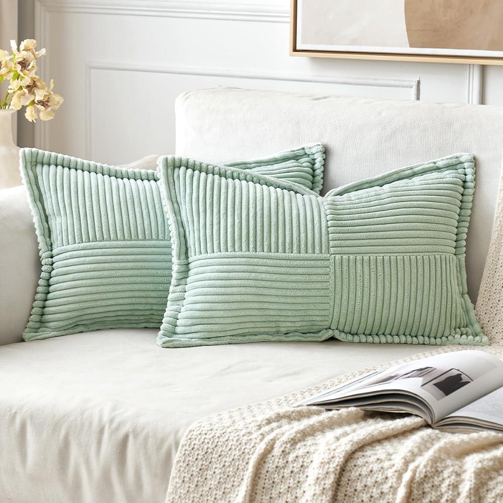 imageMIULEE Orange Fall Corduroy Decorative Euro Sham Pillow Covers 24x24 Inch with Splicing Set of 2 Soft Boho Pillow Covers Broadside Textured Summer Pillowcases for Couch Bed LivingroomMint Green